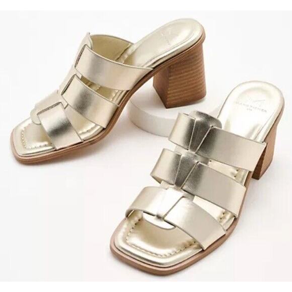 New Marc Fisher LTD Louisa Leather Block Heel Slip On Mules‎ Woven Gold Size 10M - Picture 1 of 8